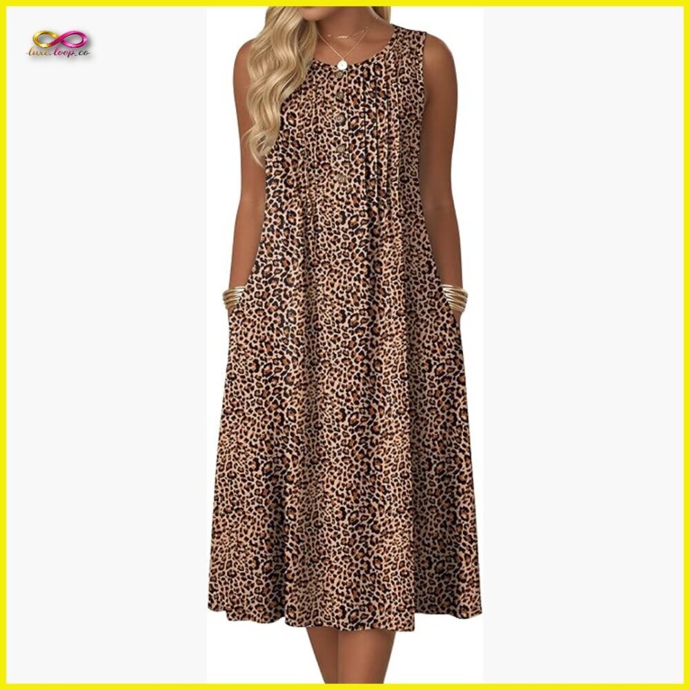 Flowy A-Line Midi Tank Dress Boho Casual Summer Beach Vacation Sundress with